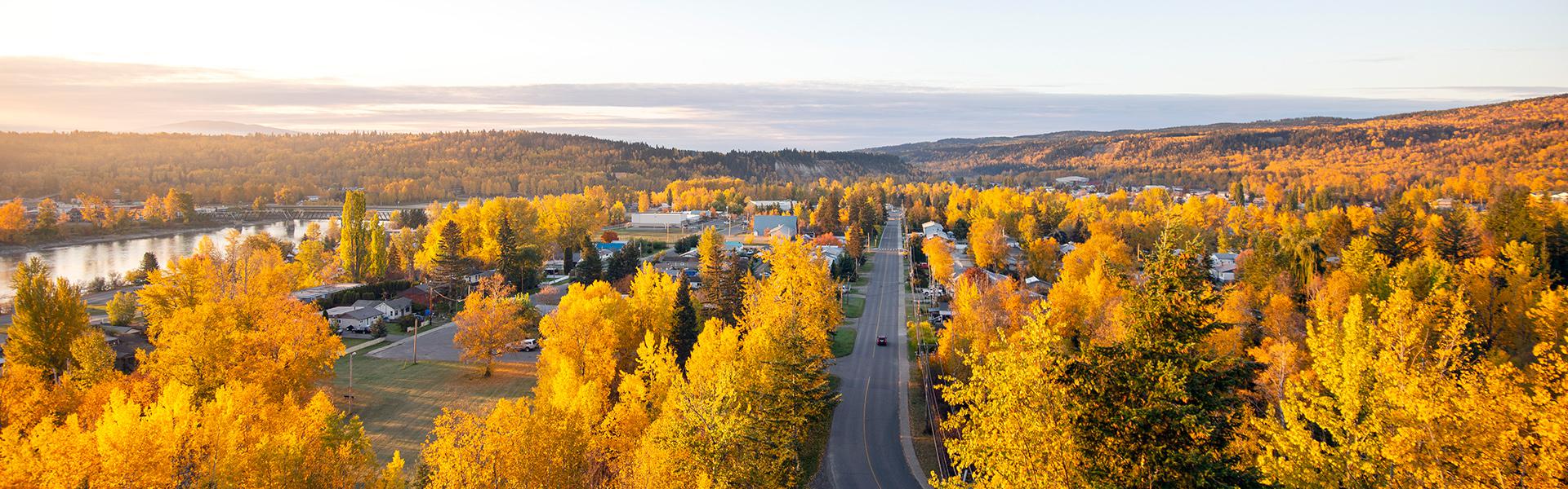 Panorama view of West Quesnel with golden fall colours